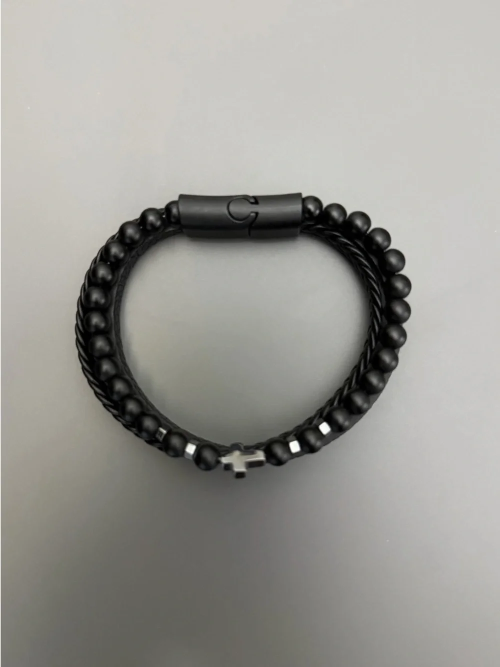 Black Leather Beaded Bracelet Set Men Cross Charm Double Wrap Minimalist